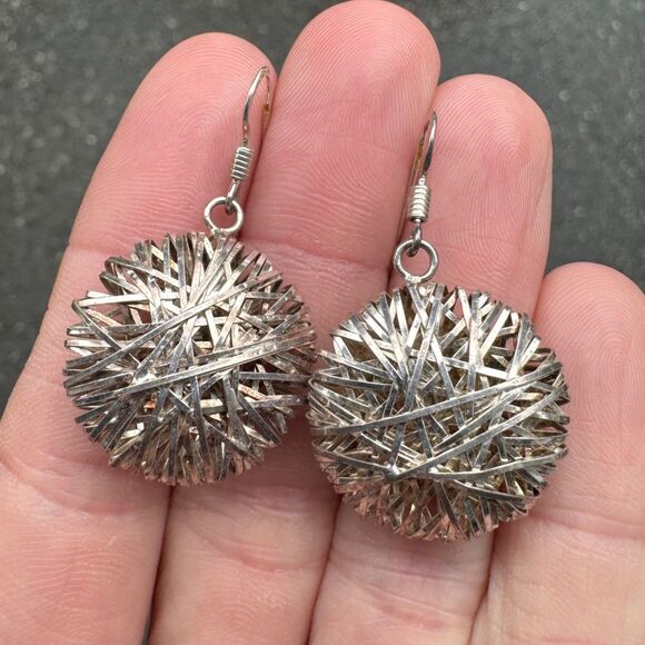 MILOR Italy Sterling Silver 925 Wire Mesh Dangle Earrings Vintage Round Puffy - Picture 2 of 10